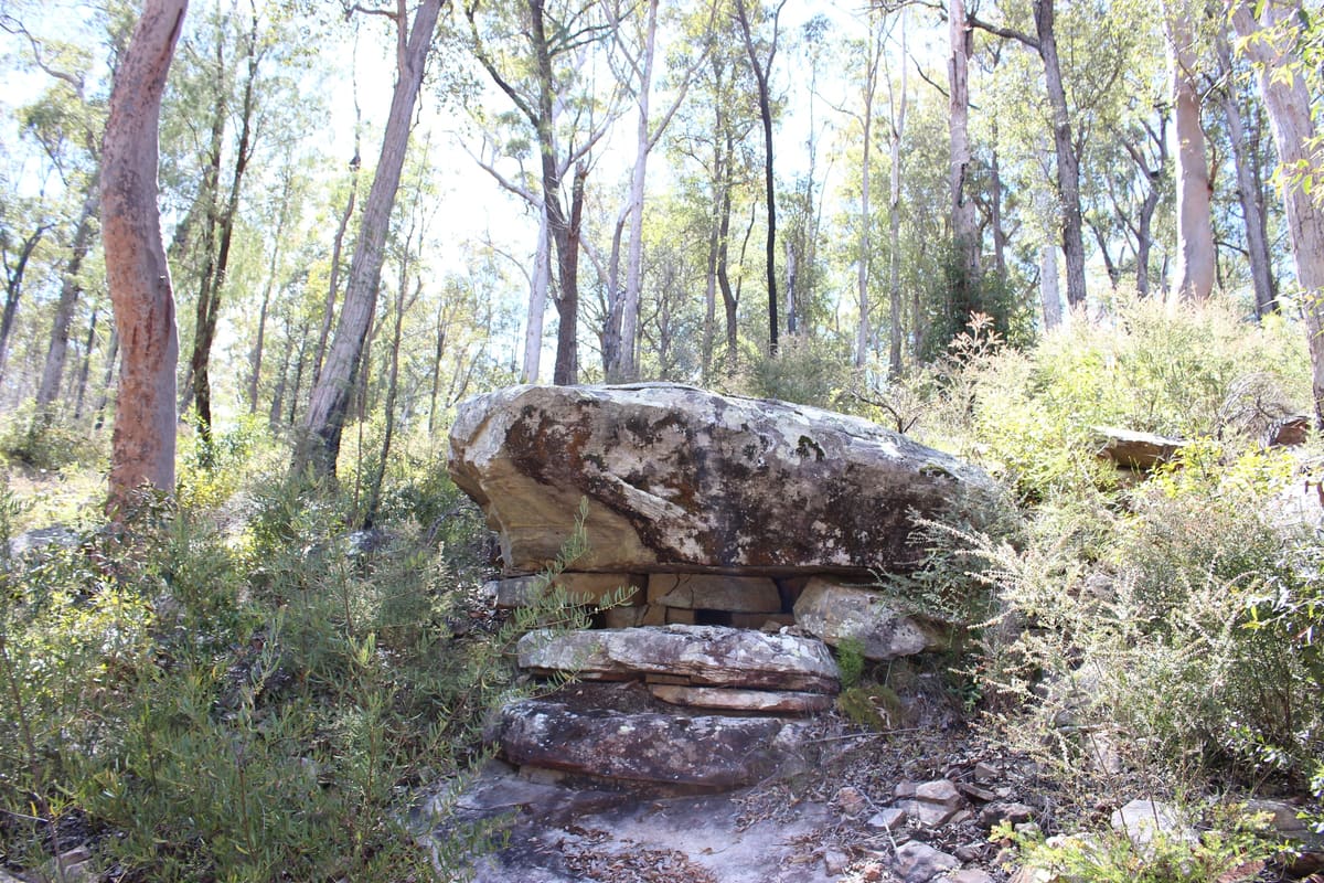 Bush track running past stacked sandstone boulders in open eucalypt forest