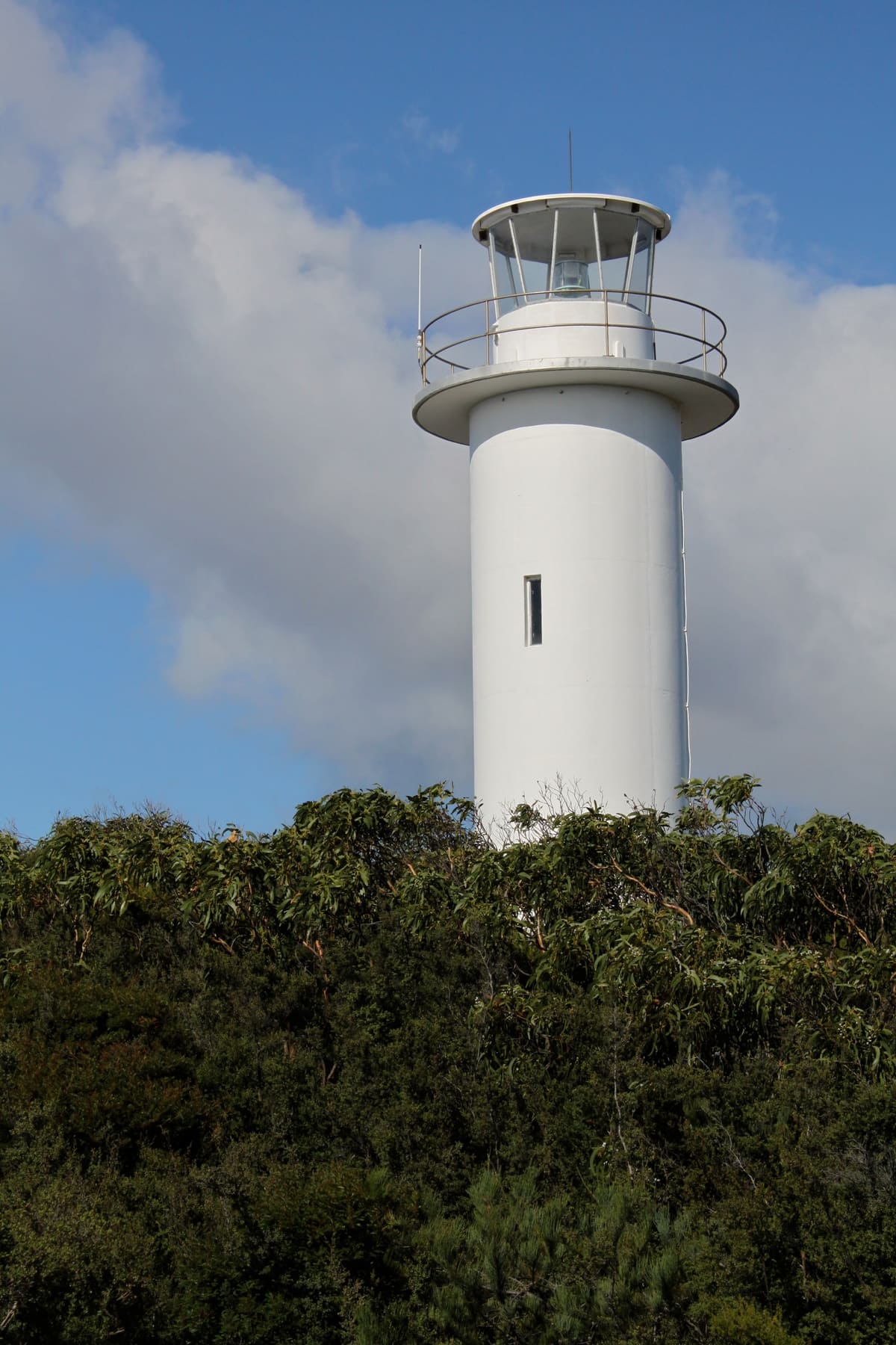 Cape Tourville lighthouse, a white tower above dense green coastal heath with puffy clouds behind