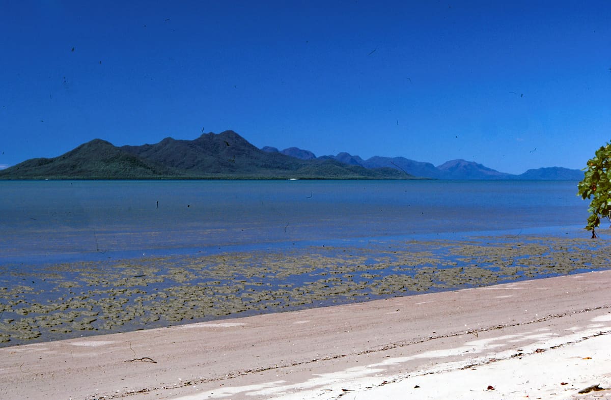 Seaweed-strewn sand in the foreground, calm sea and a jagged mountain range across the water