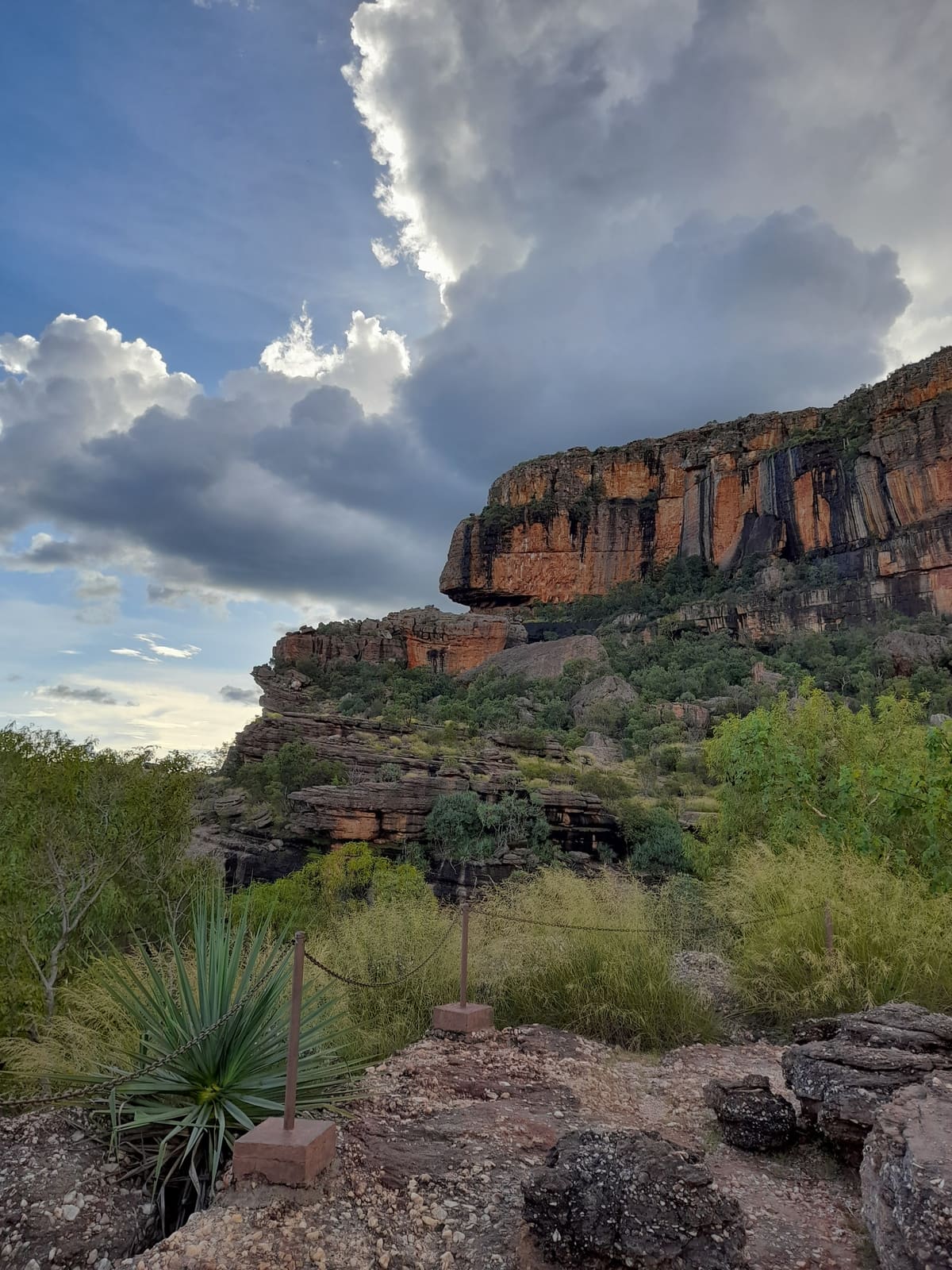 Burrungkuy's sandstone escarpment beneath towering storm clouds, with grasses and rock rubble below