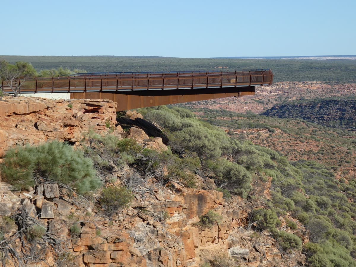 The cantilevered Kalbarri Skywalk platform jutting out over the Murchison Gorge