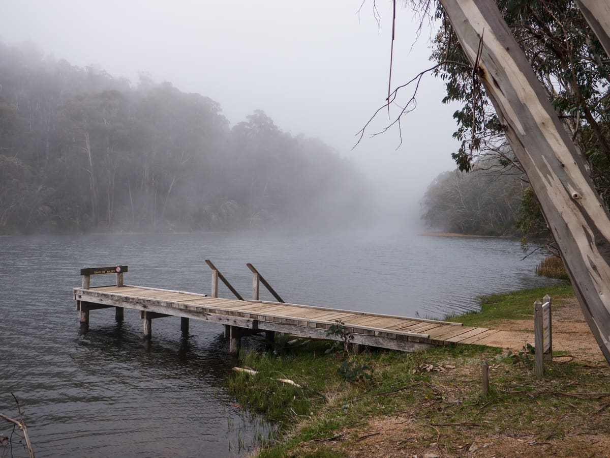 Wooden jetty on a mist-shrouded lake with a leaning timber post at right