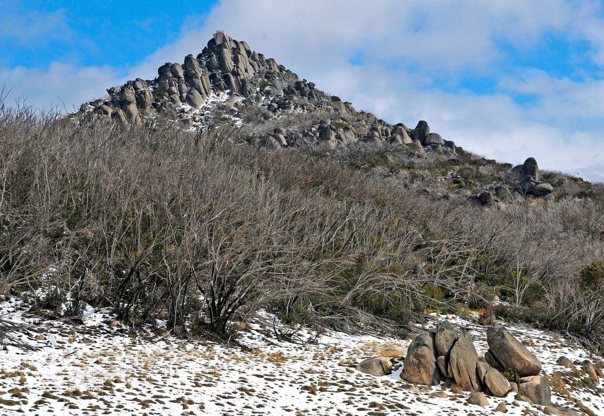 Rugged rocky peak rising behind bare scrub under a blue sky