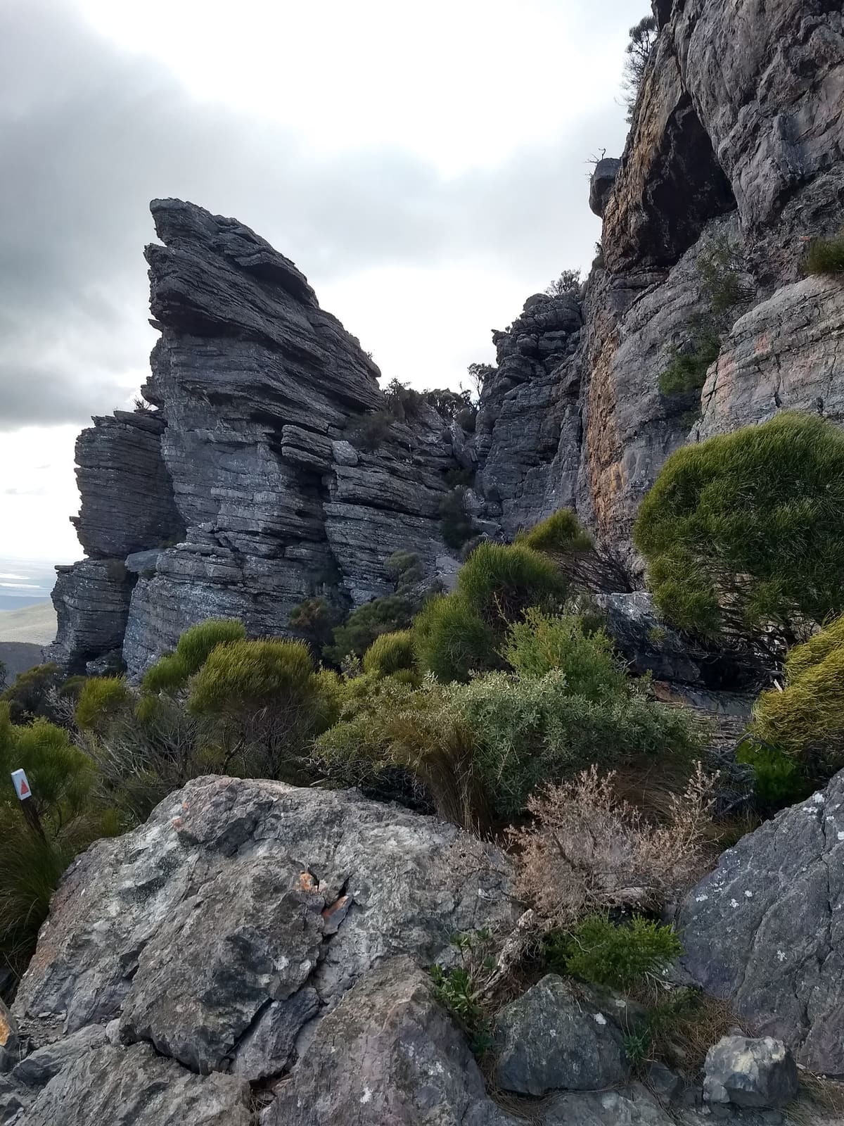 Serrated quartzite rock pinnacle rising above boulders and heath
