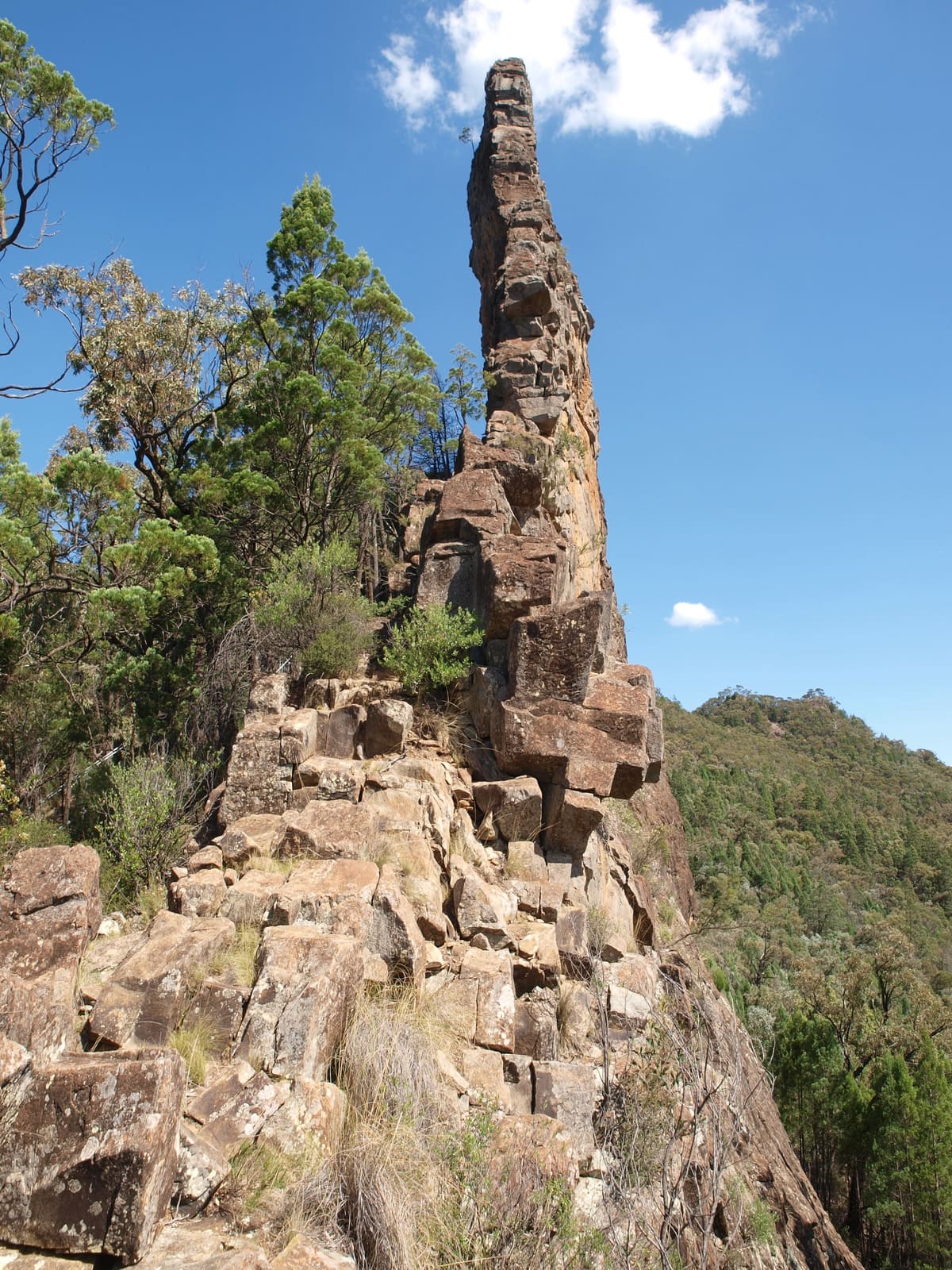 The Breadknife, a tall thin rock spire, rising above green trees under a blue sky