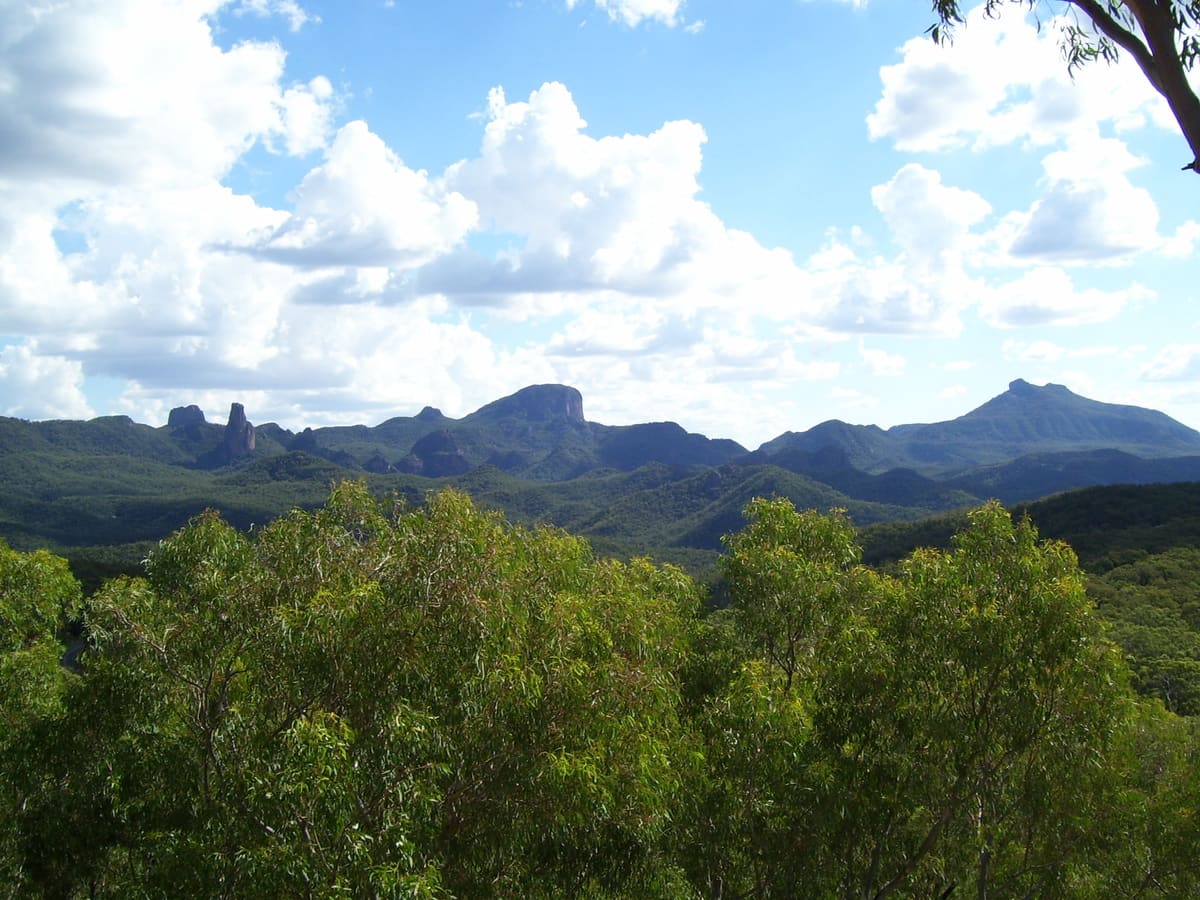 Rocky peaks rising above treetops beneath large cumulus clouds, seen from a lookout